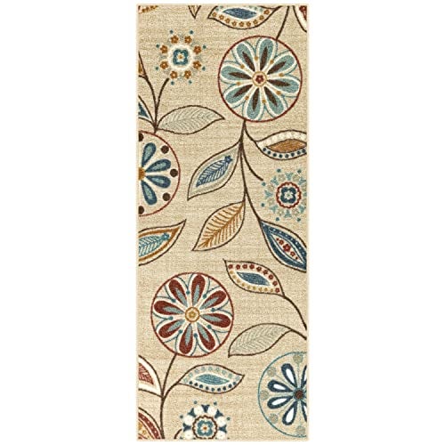 Maples Rugs Reggie Floral Runner Rug - Made in USA - Washable, Non Slip Indoor Carpet for Kitchen, Hallway, and Laundry Room, 2' x 5', Beige - Image 1