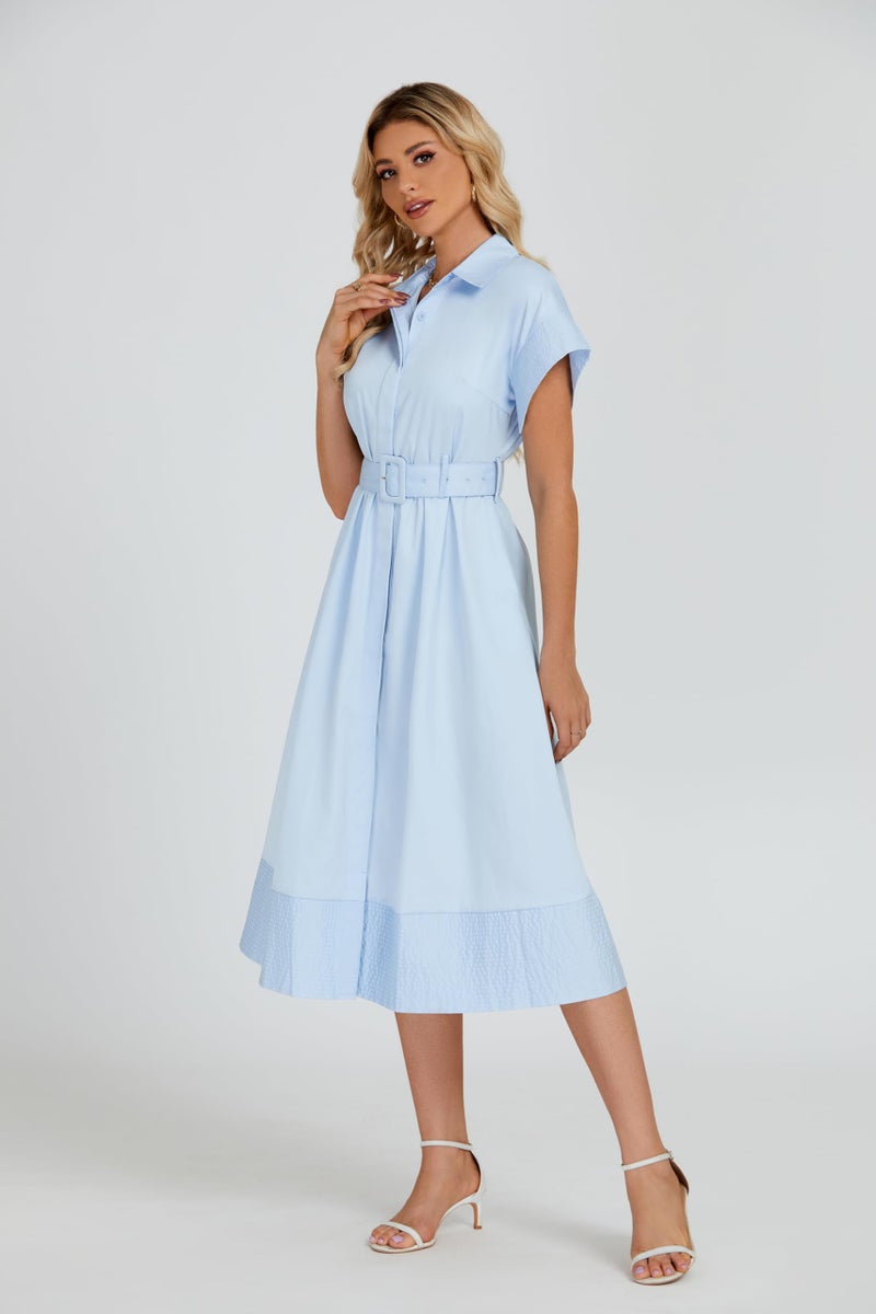 Ladyful Women Casual Button Down Shirt Dress Short Wing Sleeve Midi Shirt Dress with Belt Elegant Dress Light Blue - Image 2