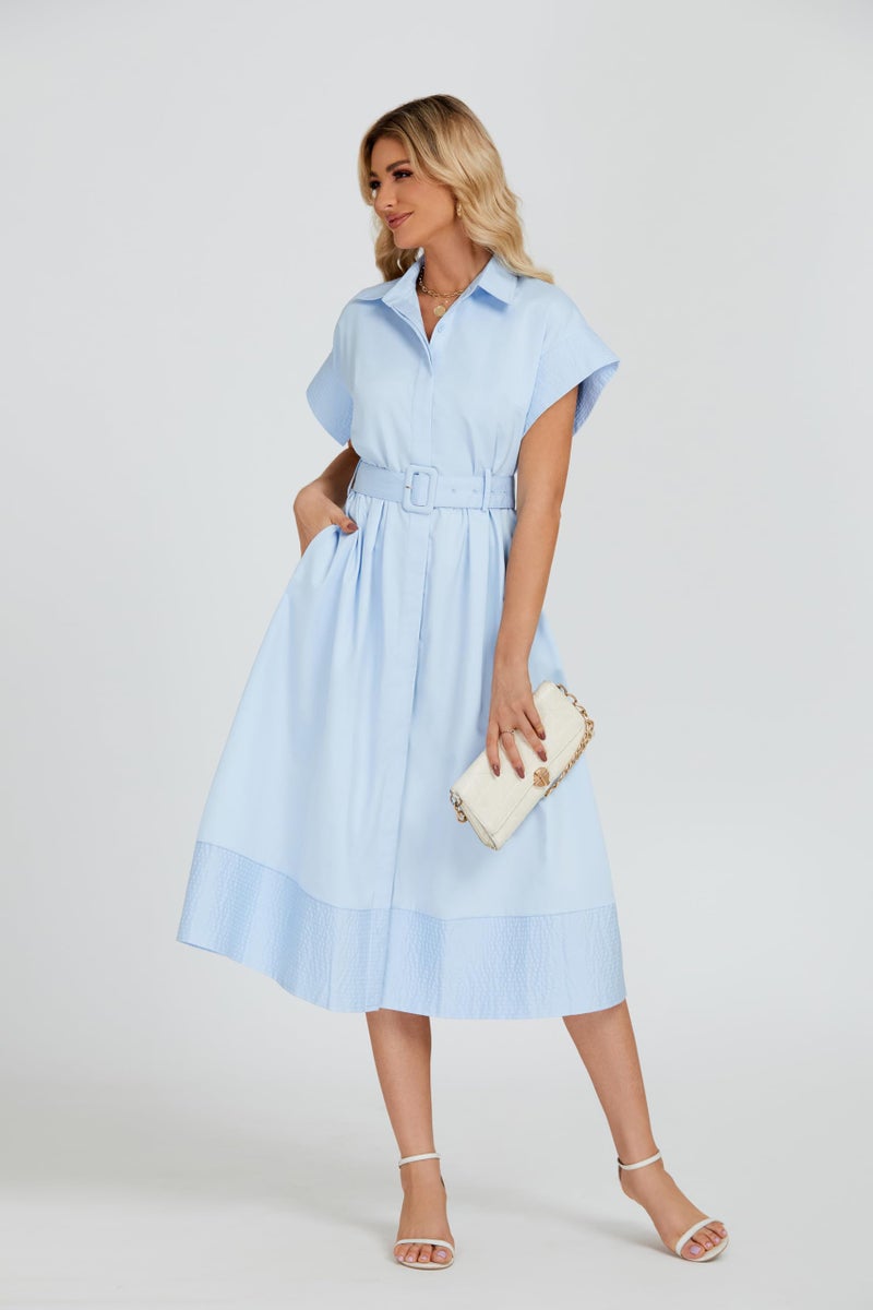 Ladyful Women Casual Button Down Shirt Dress Short Wing Sleeve Midi Shirt Dress with Belt Elegant Dress Light Blue - Image 5
