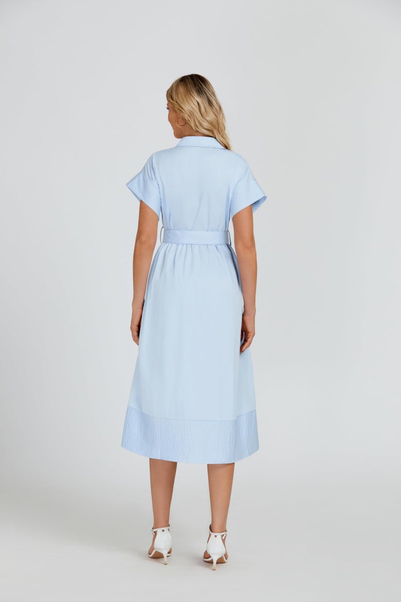 Ladyful Women Casual Button Down Shirt Dress Short Wing Sleeve Midi Shirt Dress with Belt Elegant Dress Light Blue - Image 3