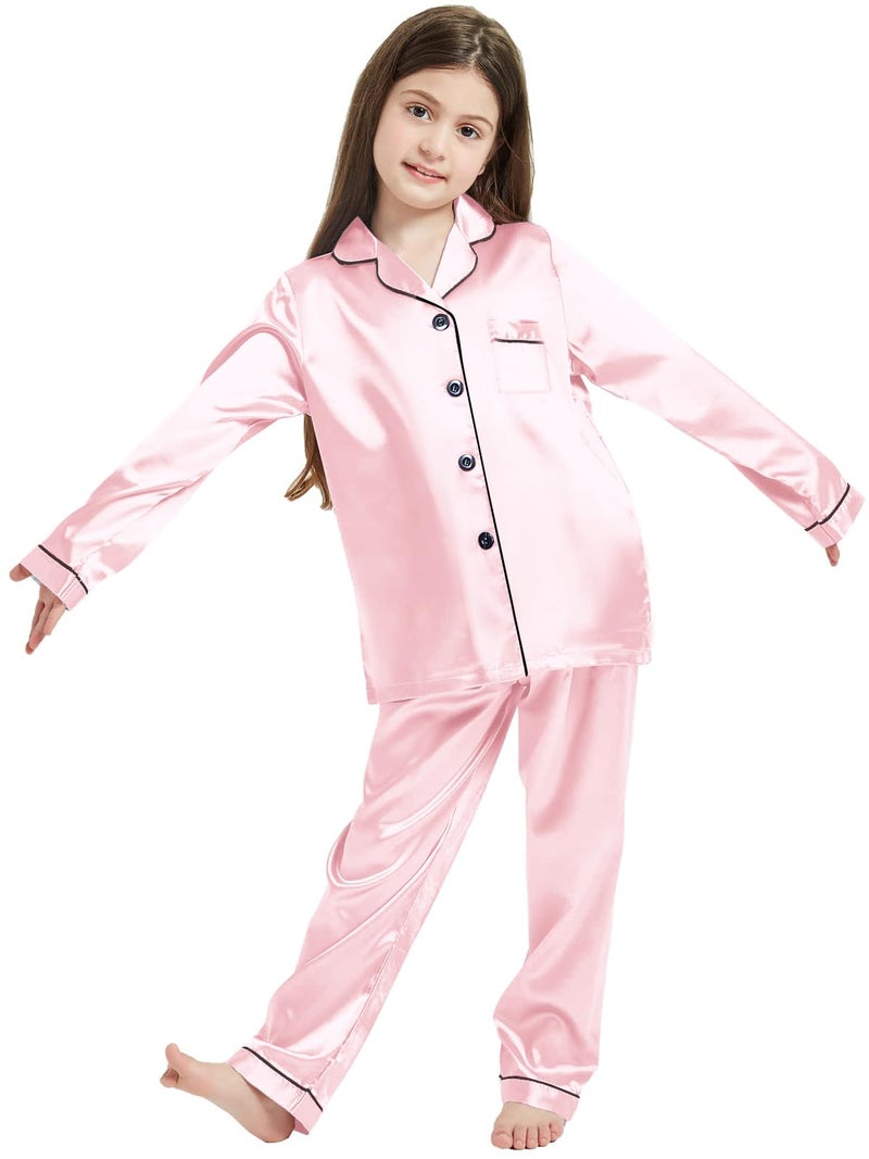 Schbbbta Girls Satin Pajamas, Long Sleeves Button Up Silk 2Pcs Loungewear Nightwear for Girls with Pants Pockets, T-Candy Pink, 7-8 Years = Tag 140 - Image 4