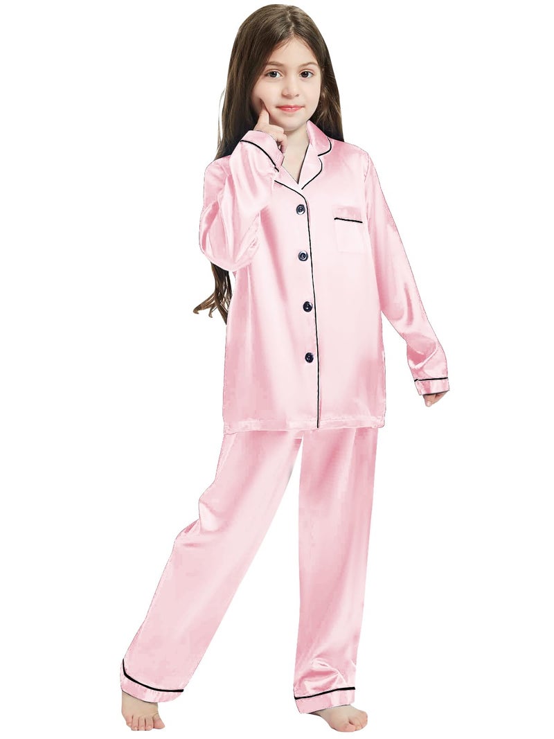 Schbbbta Girls Satin Pajamas, Long Sleeves Button Up Silk 2Pcs Loungewear Nightwear for Girls with Pants Pockets, T-Candy Pink, 7-8 Years = Tag 140 - Image 2