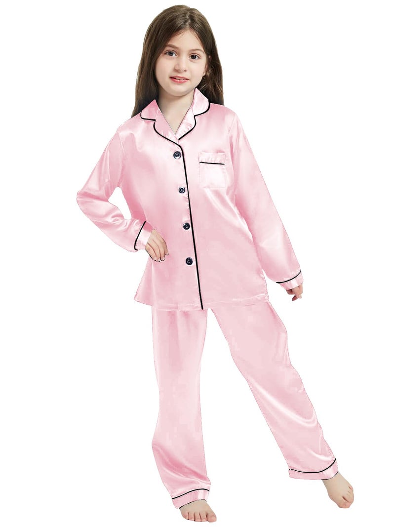 Schbbbta Girls Satin Pajamas, Long Sleeves Button Up Silk 2Pcs Loungewear Nightwear for Girls with Pants Pockets, T-Candy Pink, 7-8 Years = Tag 140 - Image 3