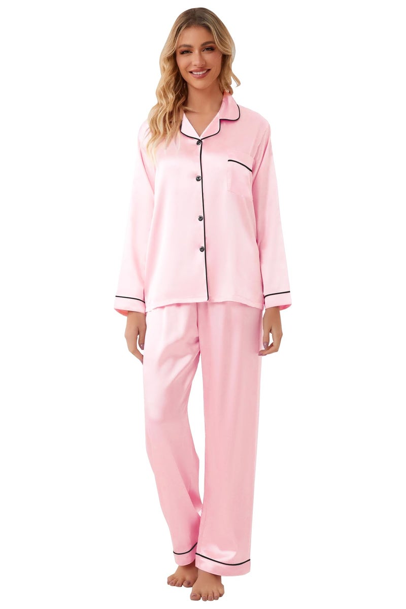 Schbbbta Girls Satin Pajamas, Long Sleeves Button Up Silk 2Pcs Loungewear Nightwear for Girls with Pants Pockets, T-Candy Pink, 7-8 Years = Tag 140 - Image 5