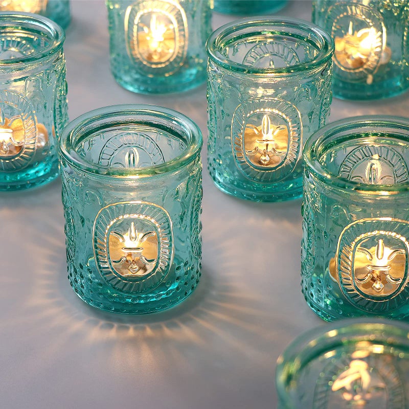 Blue Votive Candle Holders Set of 12 Vintage Blue Tealight Candle Holders Teal Candle Holder for Wedding Home Decor Embossed Candle Votives for Bridal Shower DecorThanksgivingChristmas