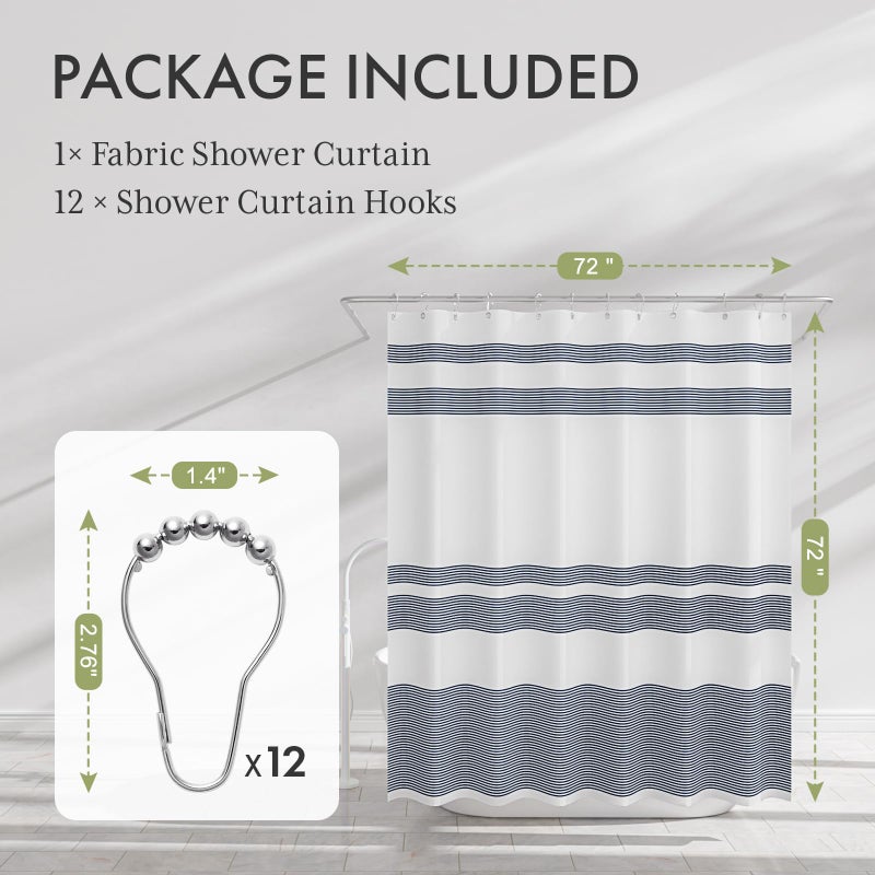 AmazerBath Striped Blue Shower Curtain, Cute Blue Stripe Bathroom Shower Curtain with 12 Shower Curtain Hooks, Rustic Fabric Blue and White, 72x72 Inches - Image 2