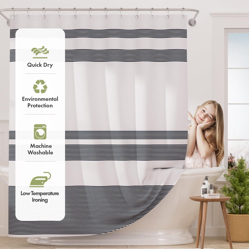 AmazerBath Striped Blue Shower Curtain, Cute Blue Stripe Bathroom Shower Curtain with 12 Shower Curtain Hooks, Rustic Fabric Blue and White, 72x72 Inches - Image 3
