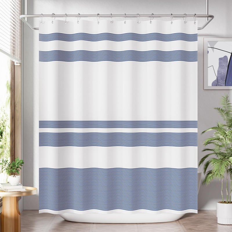 AmazerBath Striped Blue Shower Curtain, Cute Blue Stripe Bathroom Shower Curtain with 12 Shower Curtain Hooks, Rustic Fabric Blue and White, 72x72 Inches - Image 1
