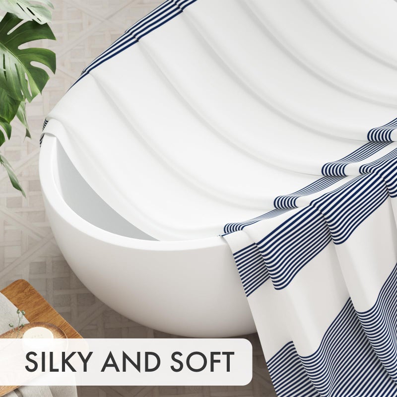 AmazerBath Striped Blue Shower Curtain, Cute Blue Stripe Bathroom Shower Curtain with 12 Shower Curtain Hooks, Rustic Fabric Blue and White, 72x72 Inches - Image 4