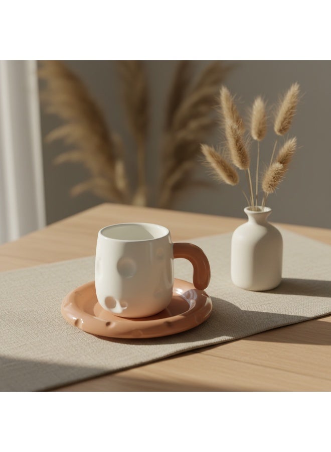 AKDC Elegant White Ceramic Mug with Peach Color Handle & Matching Saucer Set 250ml - Image 5