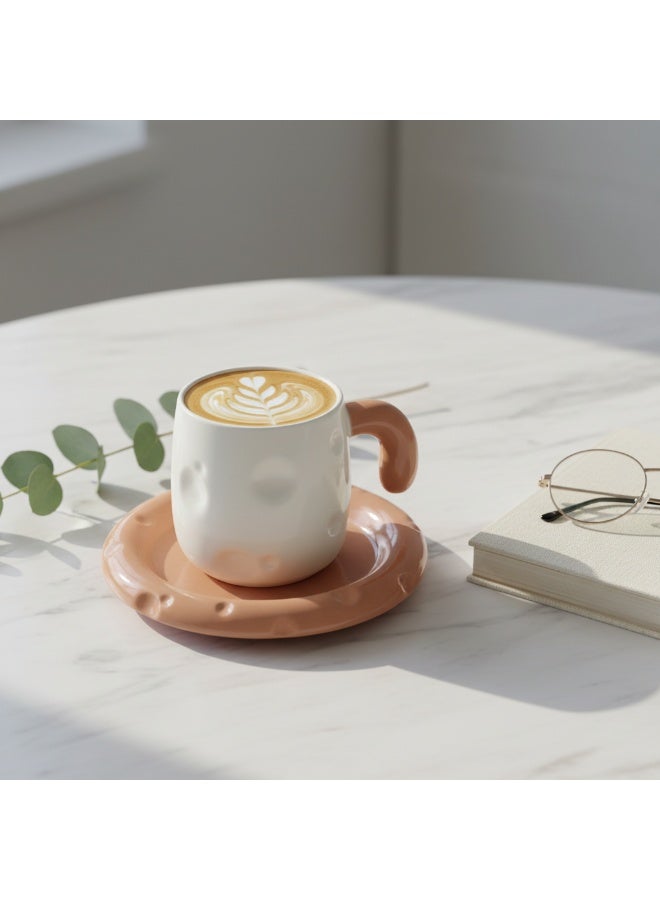 AKDC Elegant White Ceramic Mug with Peach Color Handle & Matching Saucer Set 250ml - Image 4