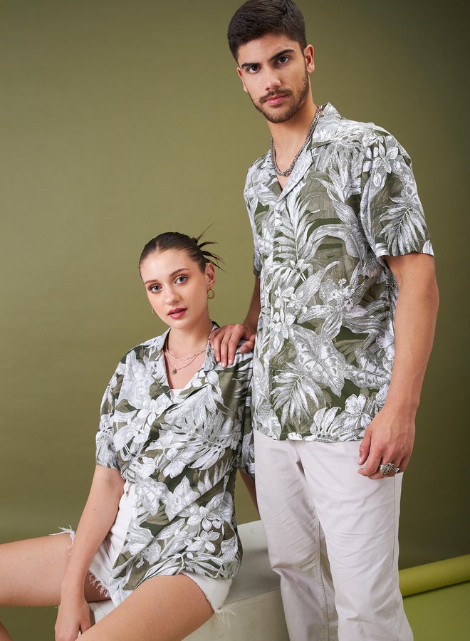 SASSAFRAS Unisex Olive Floral Camp Collar Shirt - Image 2