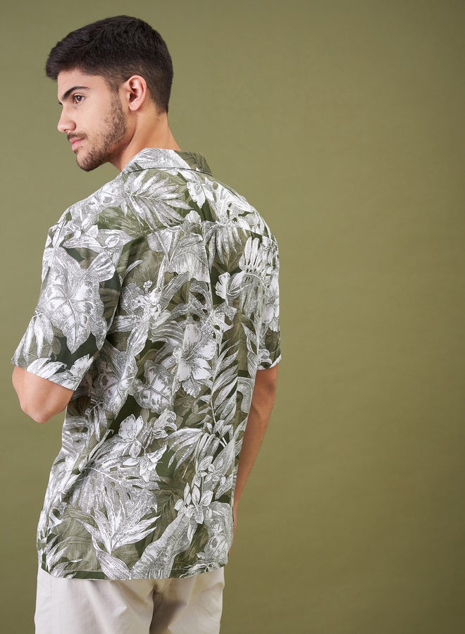 SASSAFRAS Unisex Olive Floral Camp Collar Shirt - Image 4