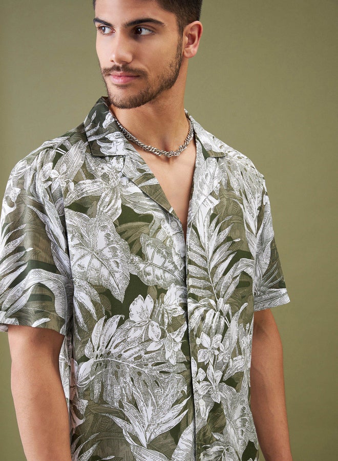 SASSAFRAS Unisex Olive Floral Camp Collar Shirt - Image 3