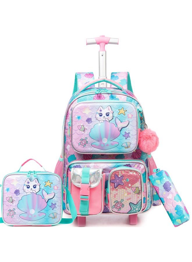 Meetbelify Cute Cat Rolling Backpack with Wheels for Girls Rolling Backpacks with Lunch Box for Elementary School Students 3 in 1 Kids Travel Luggage Suitcase for Girls Age 8-10 - Image 1