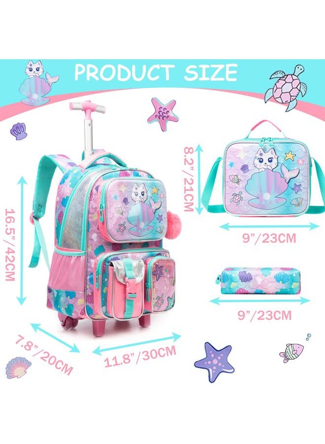 Meetbelify Cute Cat Rolling Backpack with Wheels for Girls Rolling Backpacks with Lunch Box for Elementary School Students 3 in 1 Kids Travel Luggage Suitcase for Girls Age 8-10 - Image 2
