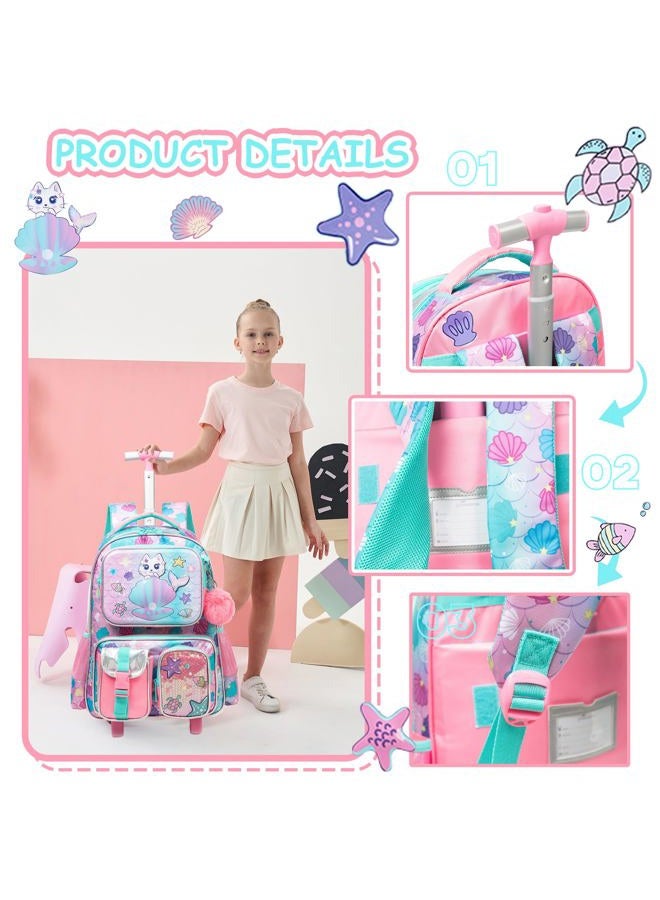 Meetbelify Cute Cat Rolling Backpack with Wheels for Girls Rolling Backpacks with Lunch Box for Elementary School Students 3 in 1 Kids Travel Luggage Suitcase for Girls Age 8-10 - Image 4