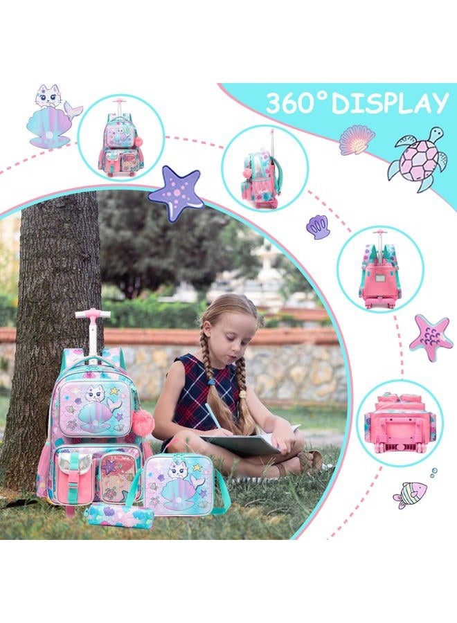 Meetbelify Cute Cat Rolling Backpack with Wheels for Girls Rolling Backpacks with Lunch Box for Elementary School Students 3 in 1 Kids Travel Luggage Suitcase for Girls Age 8-10 - Image 3