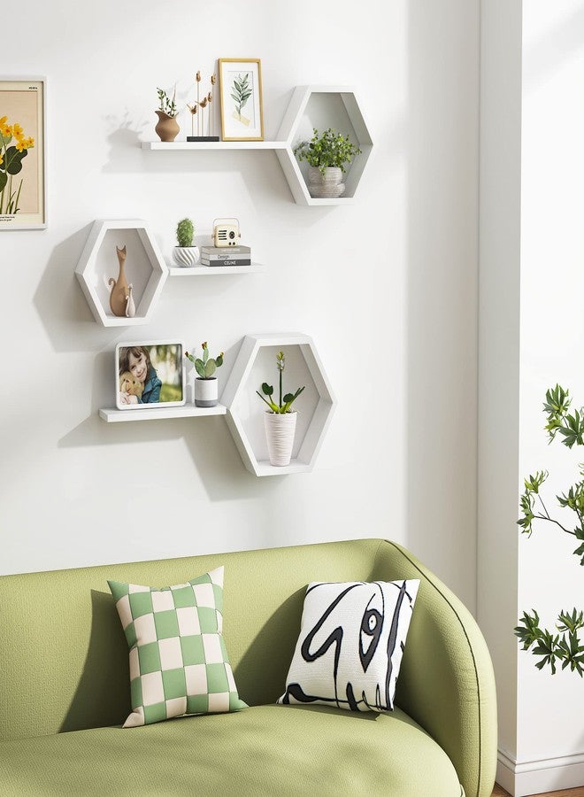LUDORU Wooden Hexagon Floating Shelves Wall Mounted - Set of 6 Pine Wood Hexagon Shelves Display for Photos,Plants,Rustic Honeycomb Shelves for Living Room, Bedroom,Bathroom, Kitchen, Office, White. - Image 3