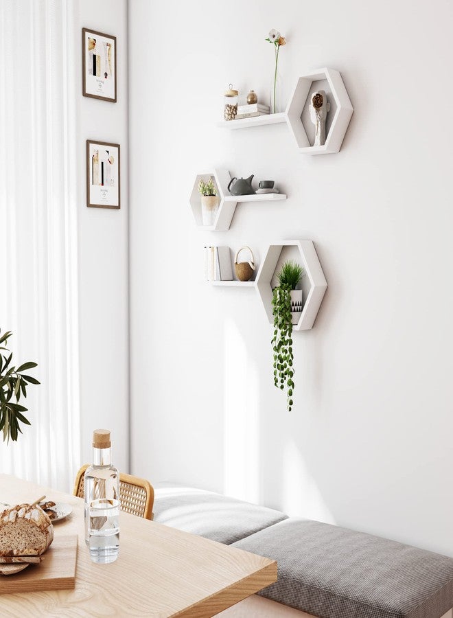 LUDORU Wooden Hexagon Floating Shelves Wall Mounted - Set of 6 Pine Wood Hexagon Shelves Display for Photos,Plants,Rustic Honeycomb Shelves for Living Room, Bedroom,Bathroom, Kitchen, Office, White. - Image 4