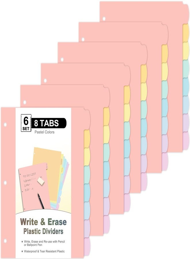 ٤٨ قطعة/٦ مجموعات من فواصل المجلدات القابلة للكتابة والمسح مع علامات تبويب، فواصل بلاستيكية بثمانية علامات تبويب لمجلدات بثلاث حلقات بحجم الرسائل، فواصل لتنظيم مستندات الطلاب في المدرسة والمنزل والمكتب، ألوان باستيل - Image 1