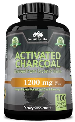 NaturaLife Labs Activated Charcoal Capsules 1200 mg Highly Absorbent Helps Alleviate Gas Bloating Promotes Natural detoxification Derived from Coconut Shells per Serving 100 Vegan Capsules