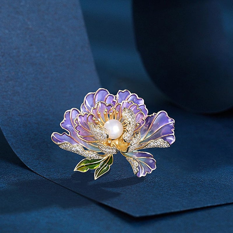 GIGB PBDK Dainty Flower Brooch Pins for Women Graceful Cubic Zircon Peony Pearl Enamel Badges Lapel Pins Trendy Banquet Prom Dress Jewelry Accessories Gift (Purple) - Image 5
