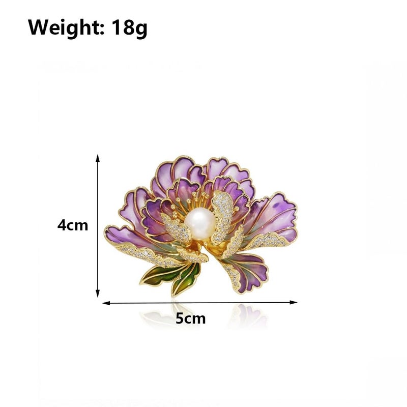 GIGB PBDK Dainty Flower Brooch Pins for Women Graceful Cubic Zircon Peony Pearl Enamel Badges Lapel Pins Trendy Banquet Prom Dress Jewelry Accessories Gift (Purple) - Image 3