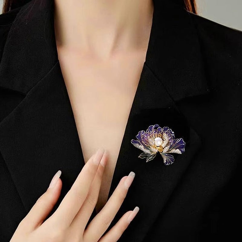 GIGB PBDK Dainty Flower Brooch Pins for Women Graceful Cubic Zircon Peony Pearl Enamel Badges Lapel Pins Trendy Banquet Prom Dress Jewelry Accessories Gift (Purple) - Image 2
