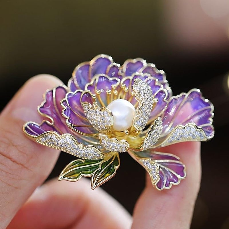 GIGB PBDK Dainty Flower Brooch Pins for Women Graceful Cubic Zircon Peony Pearl Enamel Badges Lapel Pins Trendy Banquet Prom Dress Jewelry Accessories Gift (Purple) - Image 4