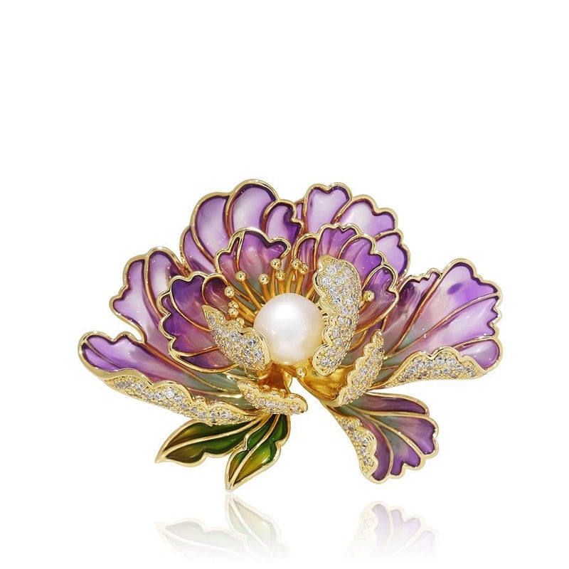 GIGB PBDK Dainty Flower Brooch Pins for Women Graceful Cubic Zircon Peony Pearl Enamel Badges Lapel Pins Trendy Banquet Prom Dress Jewelry Accessories Gift (Purple) - Image 1