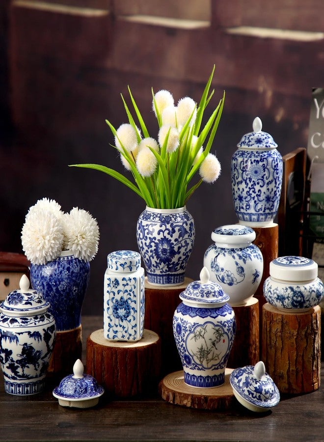 Funnymoom 6 Pcs Small Blue and White Vase Ceramic Small Ginger Jar with Lid Porcelain Vases Chinoiserie Decor Chinese Ginger Jars for Home Bedroom Tabletop Decor Table Accent Shelf (Retro Style) - Image 1