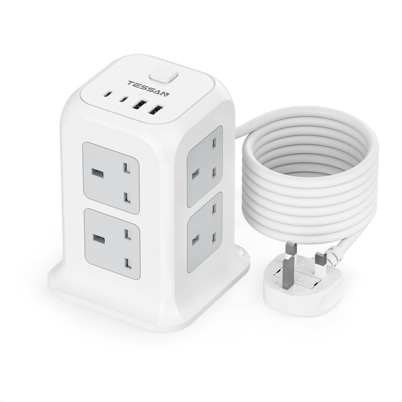 TESSAN 8 Way Tower Extension Lead 5M with 4 USB Slots (2 USB C) - Image 1