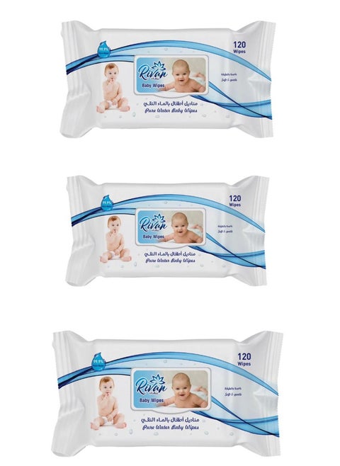 A set of wet wipes with water only, consisting of 3 packs, 3 x 120 (360 wipes)