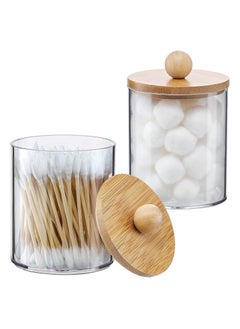 MahMir MahMir Bathroom Jars Qtip Holder, Apothecary Jars, Acrylic Cotton Ball Holder, Clear Bathroom Canisters with Bamboo Lids for Cotton Swab Cotton Brush (2 Jars Pack)  - Image 1
