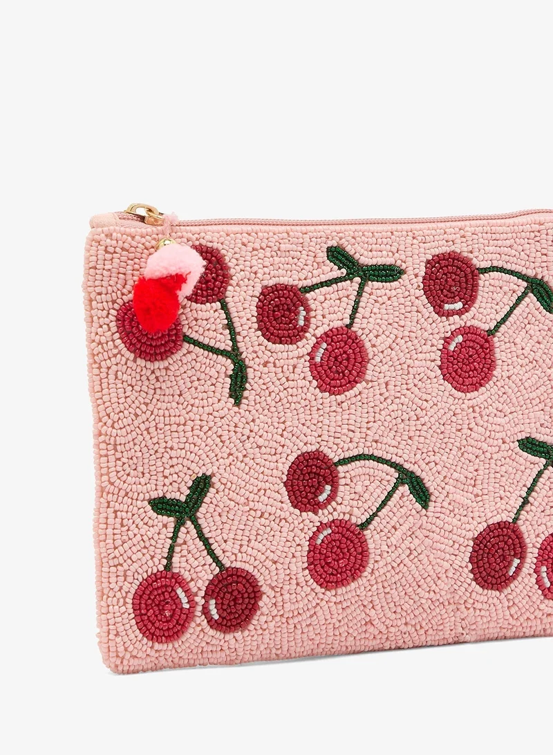 Ginger Boutique Pink embroidered cherry embellished beaded clutch for Women | Best Price UAE