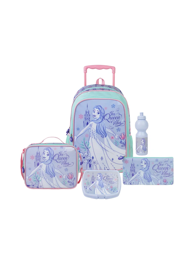 ديزني Disney Frozen Queen Vibe 5-in-1 Kids Trolley School Set 18" | Rolling Backpack, Lunch Bag, Lunch Box, Water Bottle & Pencil Case | Water Resistant | Girls School Bag