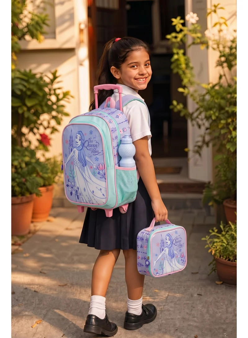 ديزني Disney Frozen Queen Vibe 5-in-1 Kids Trolley School Set 18" | Rolling Backpack, Lunch Bag, Lunch Box, Water Bottle & Pencil Case | Water Resistant | Girls School Bag
