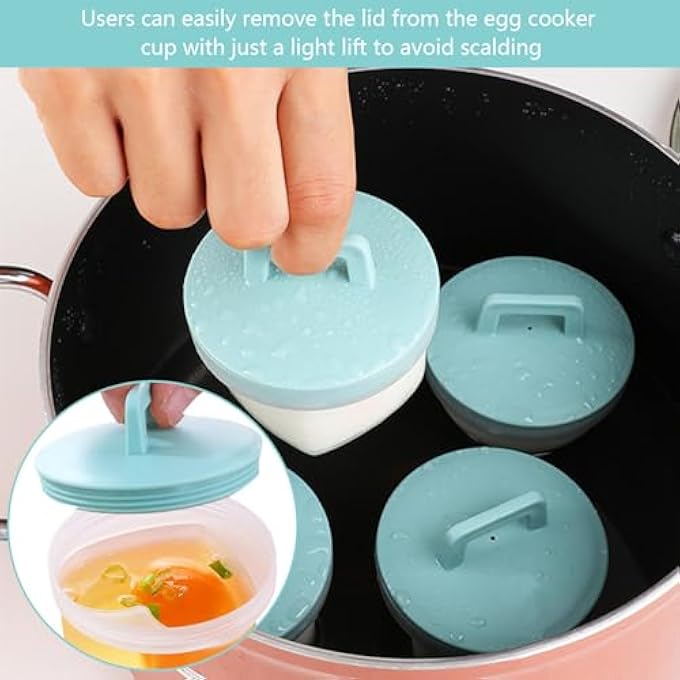 nalaina 4 Pcs Egg Poacher Cups Poached Egg Maker Set Fried Egg Molds Nonstick With Brush Handle With Cover Heat Resistant Reusable For Diy Steamer Pan 75X7CmGreen - Image 3