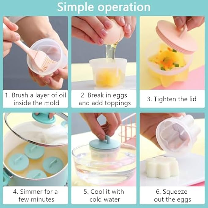 nalaina 4 Pcs Egg Poacher Cups Poached Egg Maker Set Fried Egg Molds Nonstick With Brush Handle With Cover Heat Resistant Reusable For Diy Steamer Pan 75X7CmGreen - Image 5