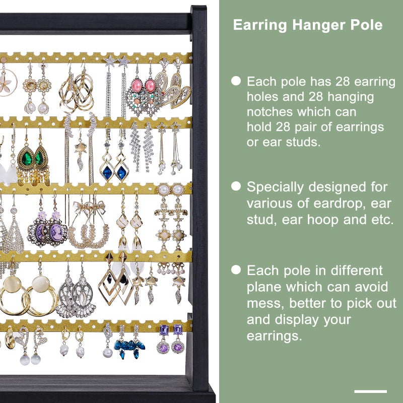 Poyilooo Earring Organizer Stand, Rustic Wood Earring Holder Rack, 5 Layer Jewelry Holder Organizer with 270 Earring Tree Holes Display for Stud Earings & Hoop Earrings, Gifts for Women (Black&gold) - Image 3