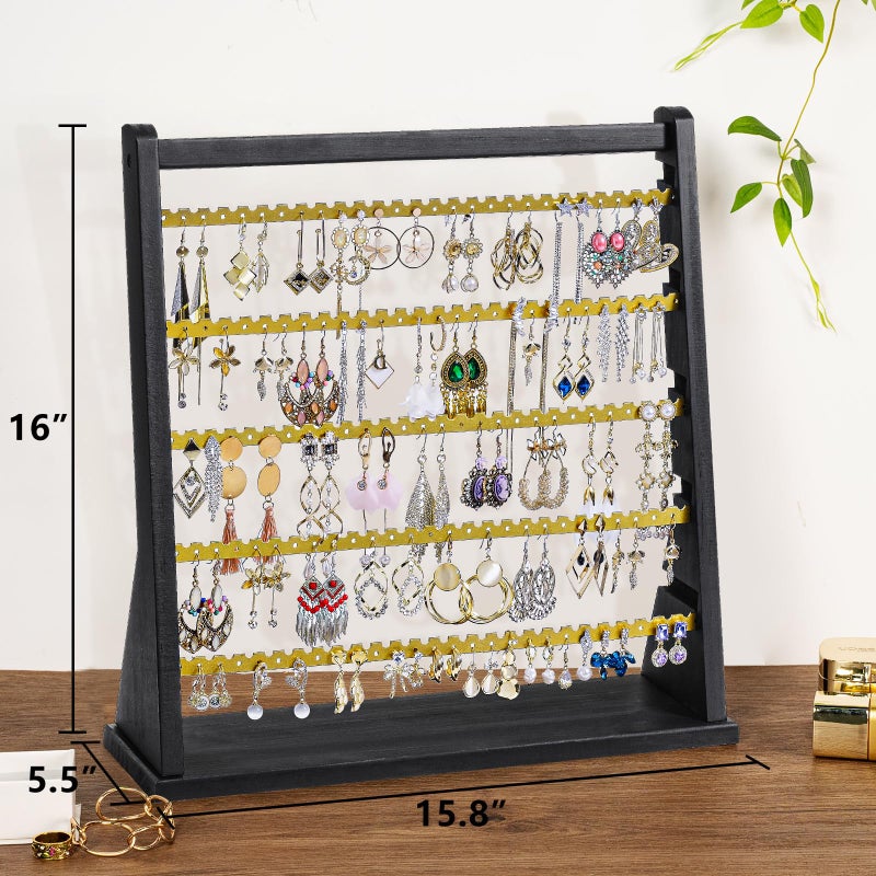 Poyilooo Earring Organizer Stand, Rustic Wood Earring Holder Rack, 5 Layer Jewelry Holder Organizer with 270 Earring Tree Holes Display for Stud Earings & Hoop Earrings, Gifts for Women (Black&gold) - Image 4