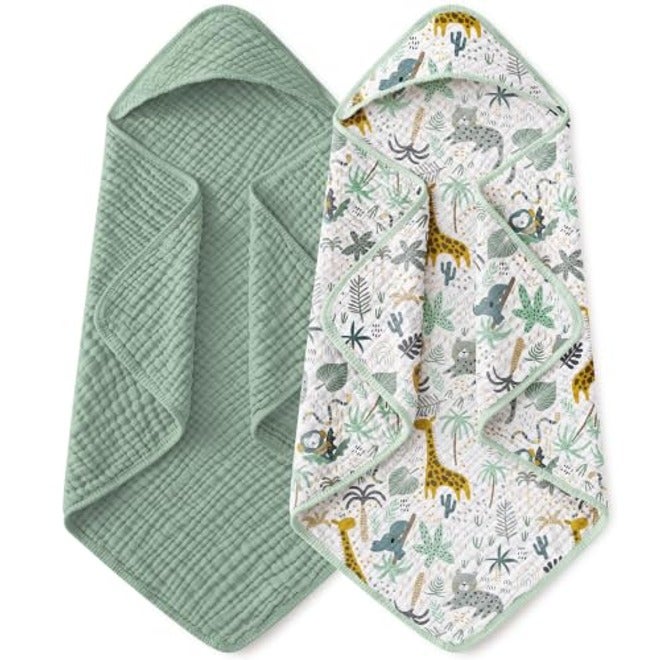 Yoofoss Hooded Baby Bath Towels 2 Pack - 100% Muslin Organic Cotton, Soft & Absorbent for Newborn, Babies, Toddlers, 32x32 Inch, Beige & Coffee