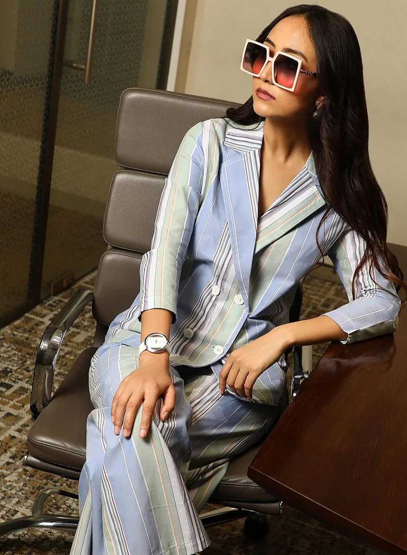PINACOLADA Women's Powder Blue:Sage Green Unbalanced Striped Double-Breasted Co-Ord Set For Casual Wear | Lapel Collar | Long Sleeve | Button Closure | Co-Ords Designed With Comfortable Fit For Woman & Girls