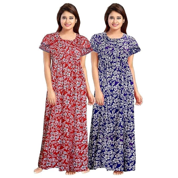 Vlazom Women's Pure Cotton Rajasthani Nighty & Jaipuri Maxi Gown – Pack of 2, Soft & Breathable Sleepwear (Red,Blue, Free Size) - Image 1