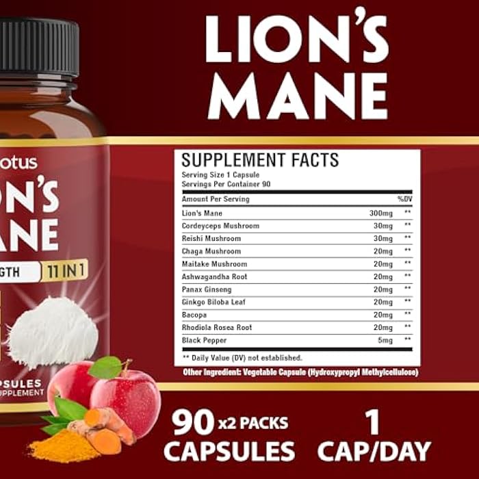 Zolotus 2 Packs 90 Capsules Lions Mane Mushroom Supplement, 6 Month Supply with Cordeyceps, Reishi, Ashwagandha, Focus, Memory and Brain Support Supplement, Immune Support, Energy Pills - Image 2