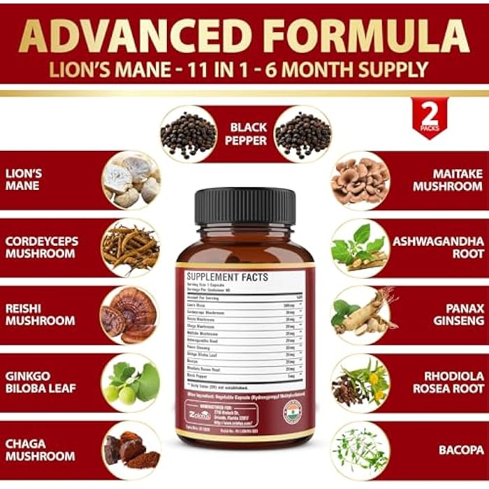 Zolotus 2 Packs 90 Capsules Lions Mane Mushroom Supplement, 6 Month Supply with Cordeyceps, Reishi, Ashwagandha, Focus, Memory and Brain Support Supplement, Immune Support, Energy Pills - Image 4