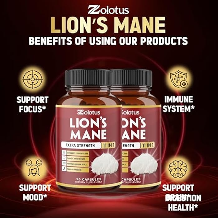 Zolotus 2 Packs 90 Capsules Lions Mane Mushroom Supplement, 6 Month Supply with Cordeyceps, Reishi, Ashwagandha, Focus, Memory and Brain Support Supplement, Immune Support, Energy Pills - Image 5