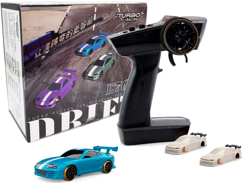 Flycolor سيارة FLYCOLOR Turbo Racing C63 RC Drift بمقياس 1:76 مع جيروسكوب مصغّر كاملة النسبة RTR 2.4GHZ تحكم عن بُعد مع 2 غلاف جسم قابل للتبديل (أزرق بحري) - Image 1