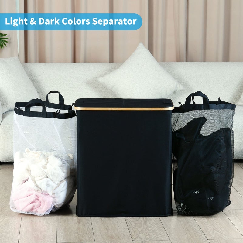 efluky Laundry Hamper with Lid, Double Laundry Hamper with 2 Removable Bags, 2 Section Laundry Basket with Bamboo Handles for Bathroom, Bedroom & Laundry Room, 140L (36.9 Gallon) Black - Image 3
